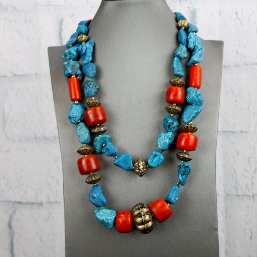 Turquoise And Orange Bead Statement Necklace - image 3